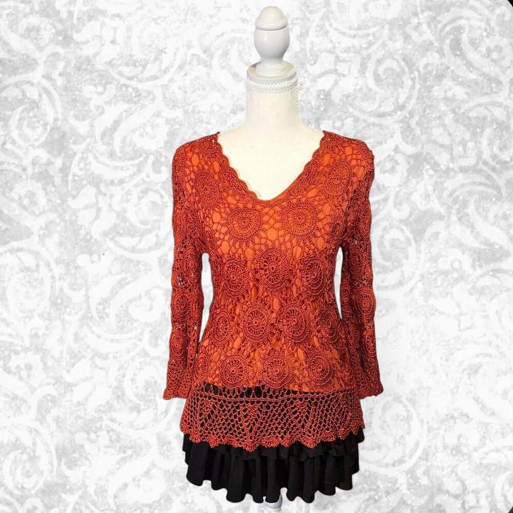 Vintage Boho Orange Crochet Long Sleeve Top